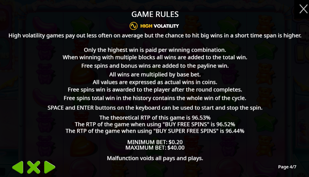 Sugar Rush 1000 rules on Gamba showing 96.53% RTP