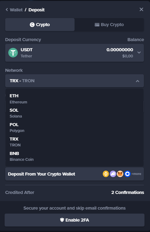 Gamba deposit window listing USDT networks: Ethereum, Solana, Polygon, Tron and BNB Chain