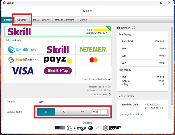 Como processar a retirada de fundos do Pokerstars