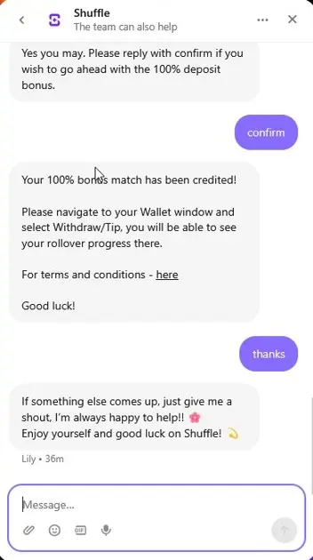 Shuffle live-support chat: after we replied “confirm” the deposit bonus is credited, and support pointed us to Wallet → Withdraw/Tip to watch rollover progress