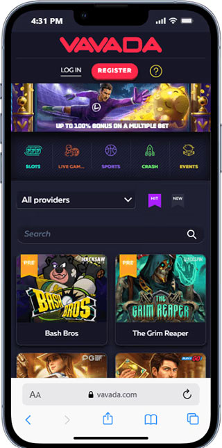 Vavada APK download page on iPhone — official site banner