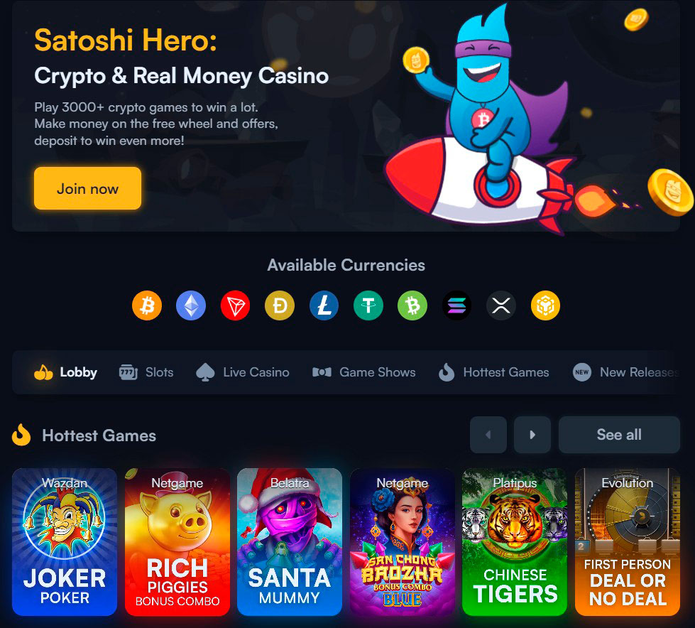Satoshi Hero Casino Main Page Site