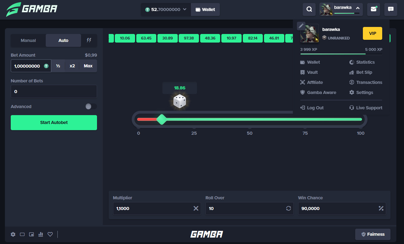 Gamba rakeback panel at 6% with 0.30 USDT available after Dice
