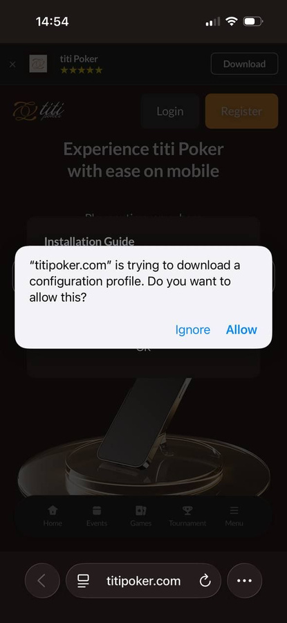Safari asks to allow titipoker.com to download a configuration profile