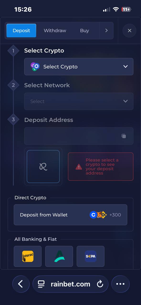 Rainbet mobile cashier with the crypto deposit form