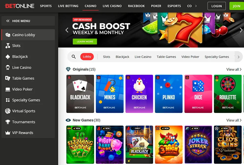 Betonline Casino Interface