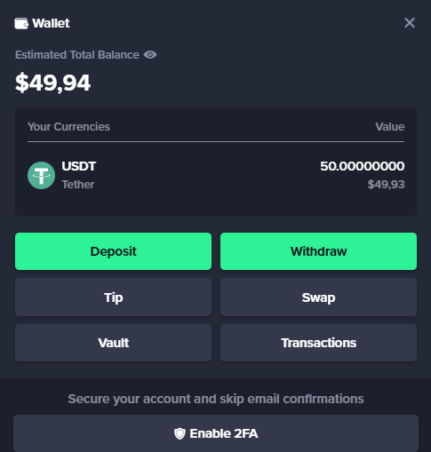 Gamba wallet showing 50 USDT after our deposit