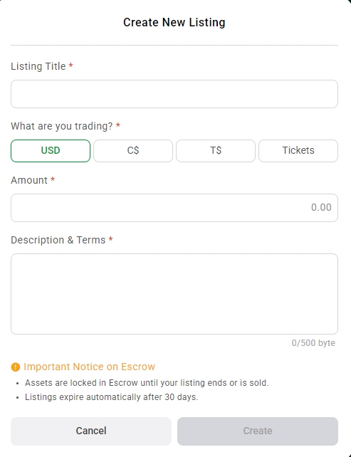 Escrow Trade GGPoker: Crear nueva oferta