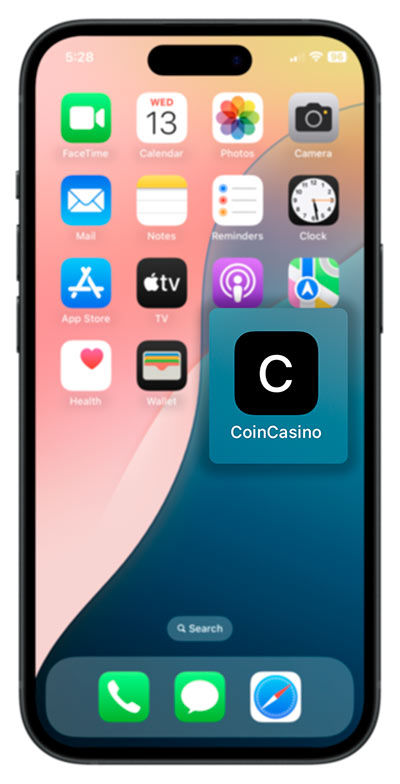 CoinCasino home screen shortcut icon added to iPhone home screen alongside native iOS apps