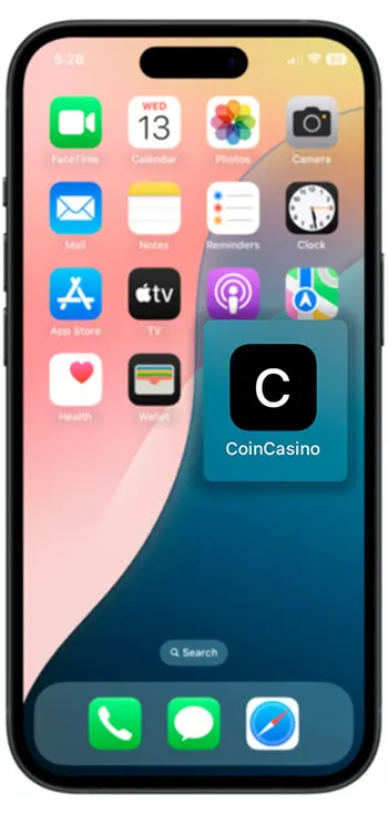 CoinCasino home screen shortcut icon added to iPhone home screen alongside native iOS apps