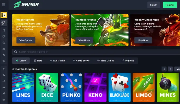 Gamba casino lobby on desktop with promo banners, game search and category tabs