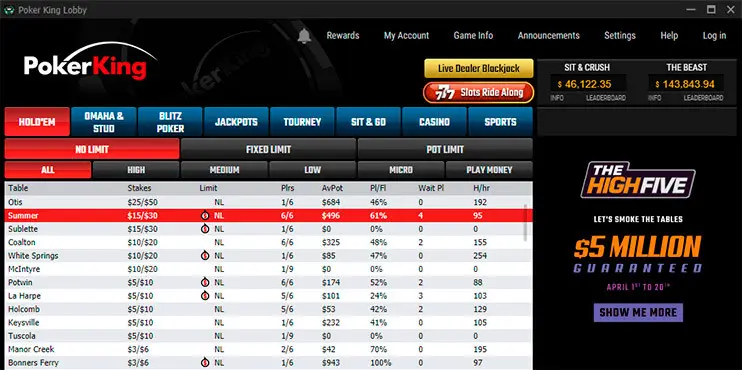 PokerKing lobby without the names of players on waiting lists