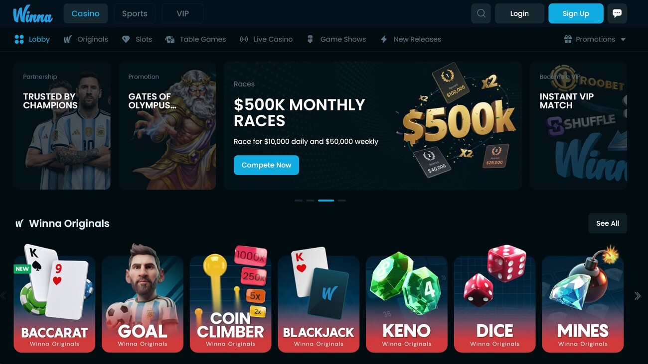 Winna Casino Site Interface