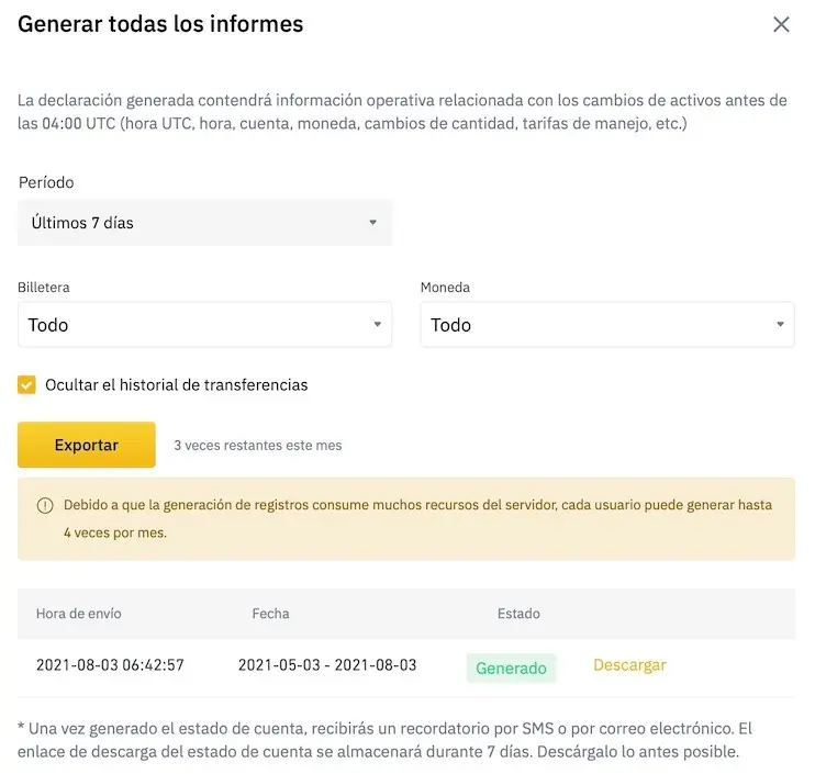 Informe de impuestos de Binance