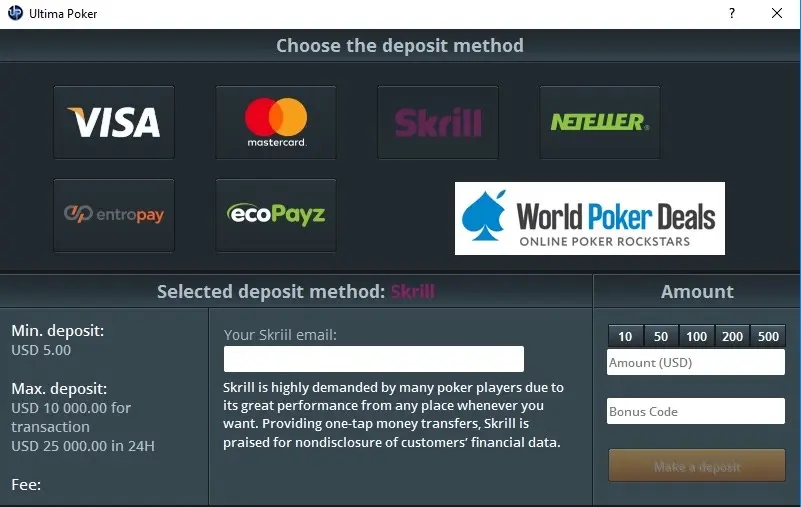 Deposit options Ultima Poker