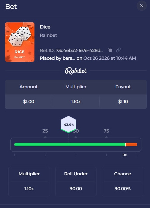 Rainbet Dice bet details with a 43.94 result