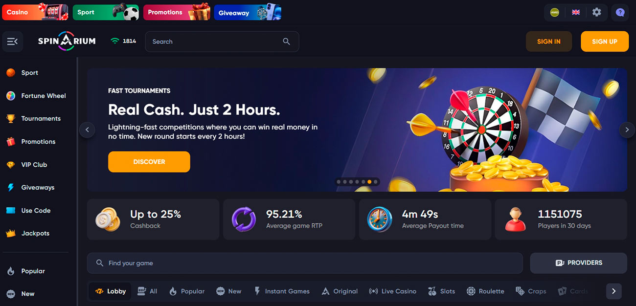 Spinarium Casino Site Interface