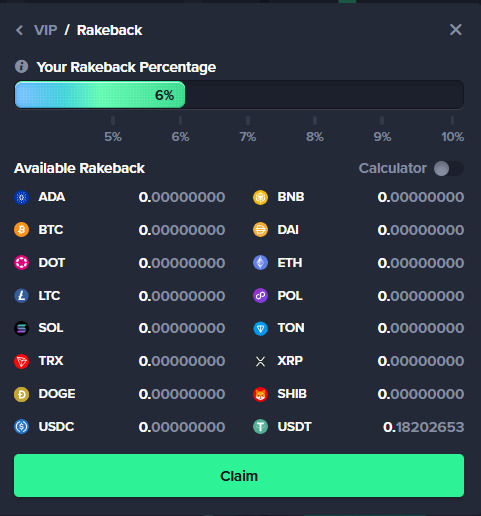 Gamba rakeback panel with 0.18 USDT available after Aviator