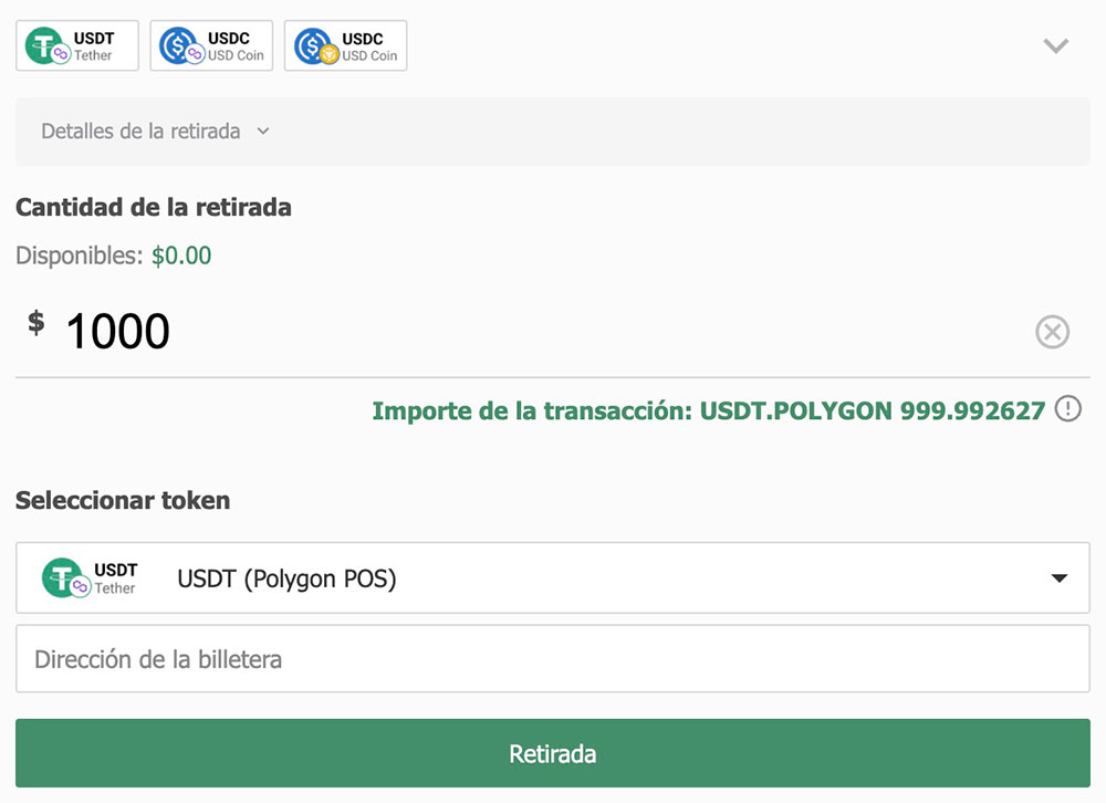 Elección de criptomoneda como método de retirada