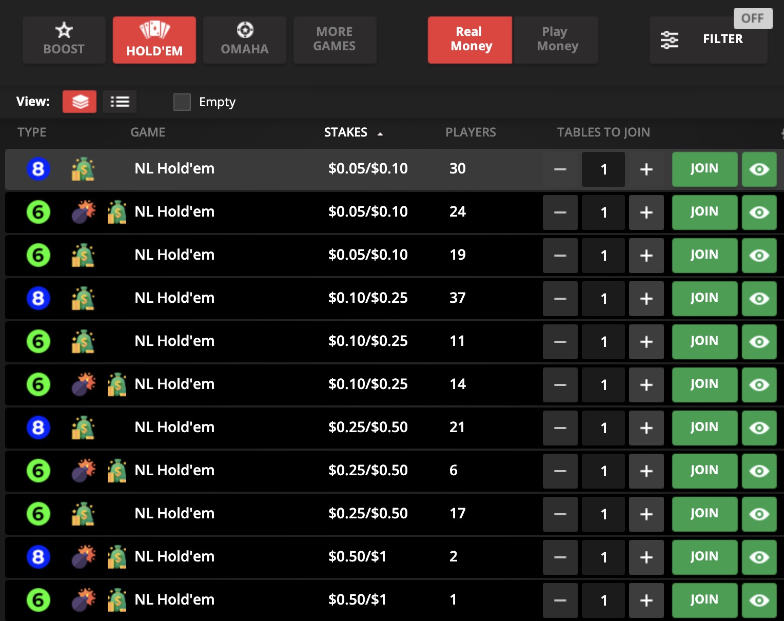 Cash Games Lobby
