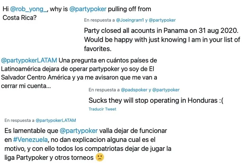 Mensajes en distintas redes sociales confirmaron el retiro de partypoker de varios países de Latinoamérica