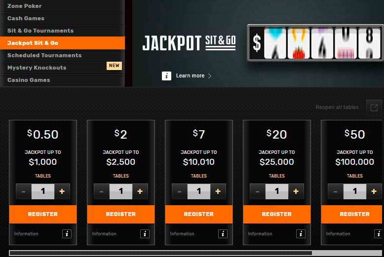 Ignition Poker Jackpot Sit and Go Lobby