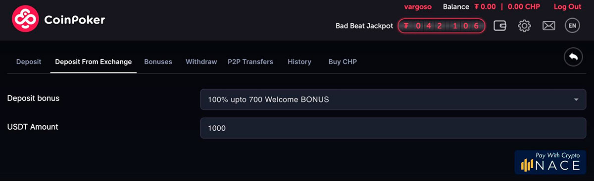 Coin Poker Deposit From the Exchange Wallet the Amount of the Deposit