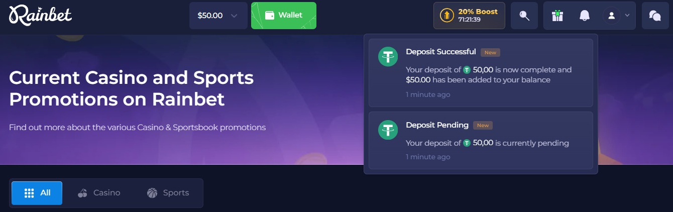 Rainbet notifications confirming a $50 USDT deposit