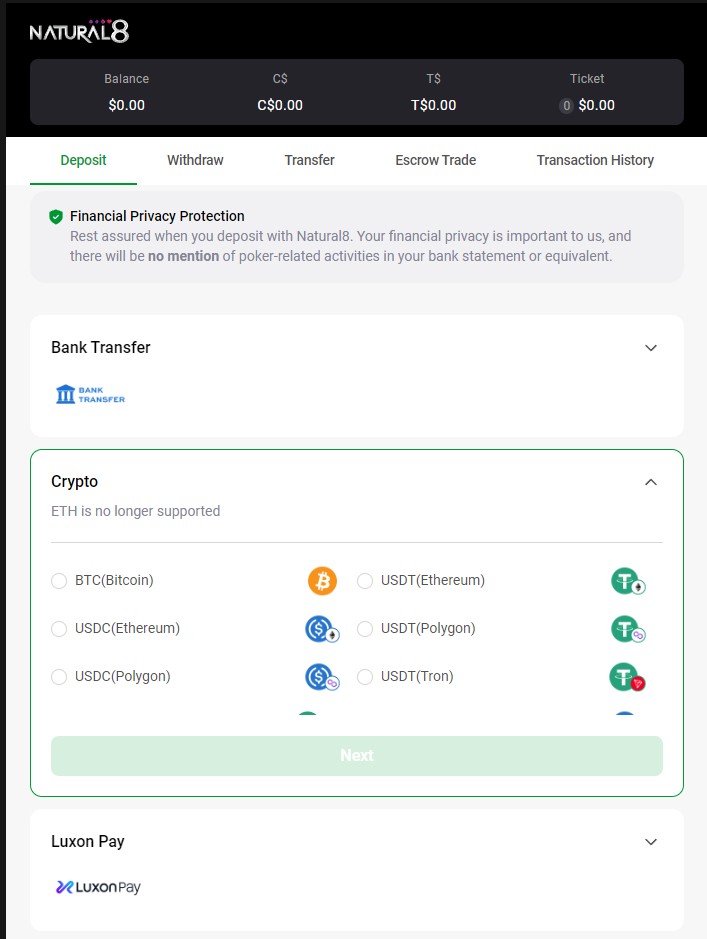 Natural8 cashier on a Thailand-registered account