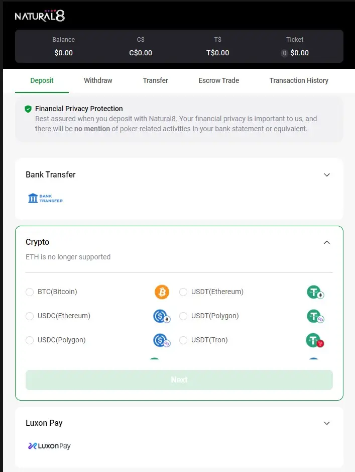 Natural8 cashier on a Thailand-registered account