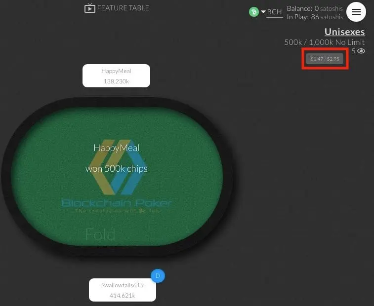 A Blockchain Poker HU table with its stakes in USD highglighted
