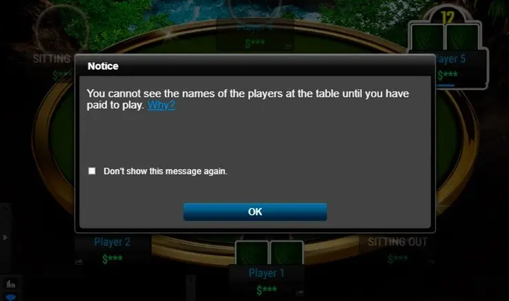 Message informing about player protection at PokerKing