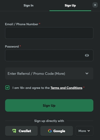 Bcgame Sign Up form
