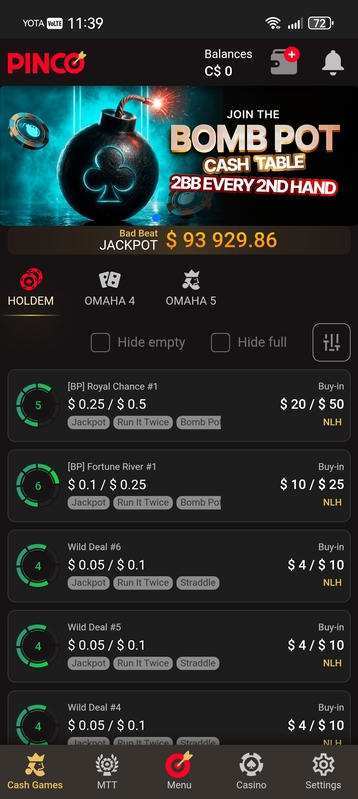 Pinco Poker Cash Lobby Mobile App