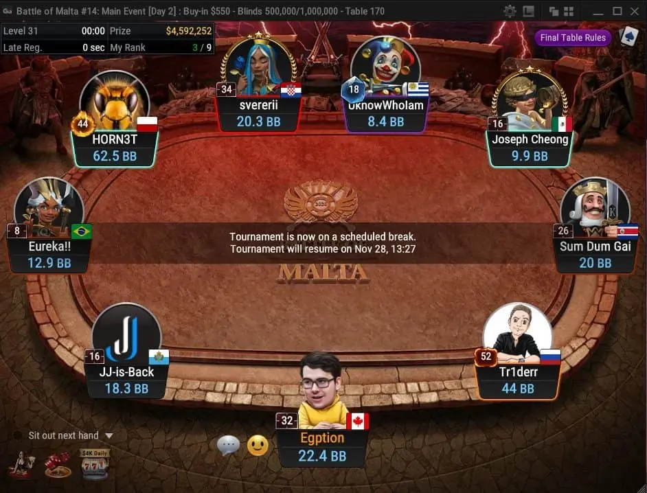 Mesa final evento principal Batalla de Malta de GGPoker