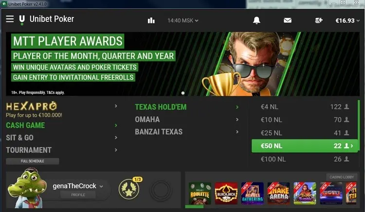 UNibet poker lobby with cash games, tournaments, and Hexapro 