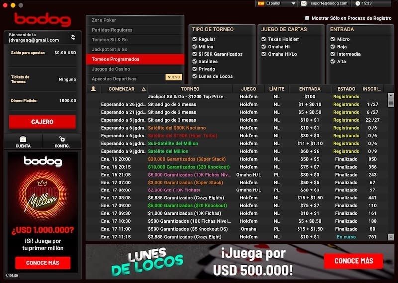 Lobby Torneos Bodog Poker Latam