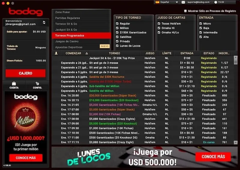 Lobby de torneos de Bodog Poker Latinoamérica