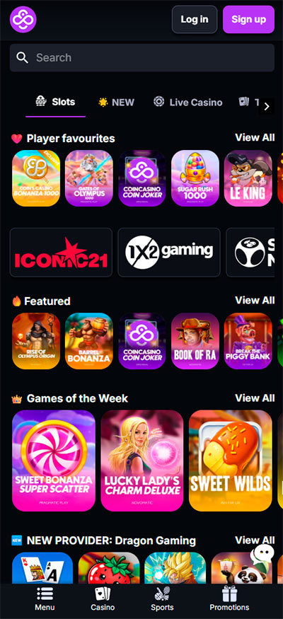 CoinCasino mobile homepage on Android showing the main casino interface with game categories, bottom navigation bar, and Menu, Casino, Sports, and Promotions tabs.