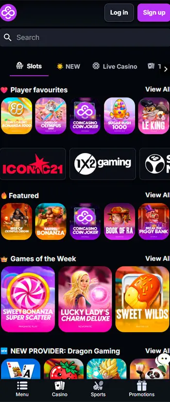 CoinCasino mobile homepage on Android showing the main casino interface with game categories, bottom navigation bar, and Menu, Casino, Sports, and Promotions tabs.