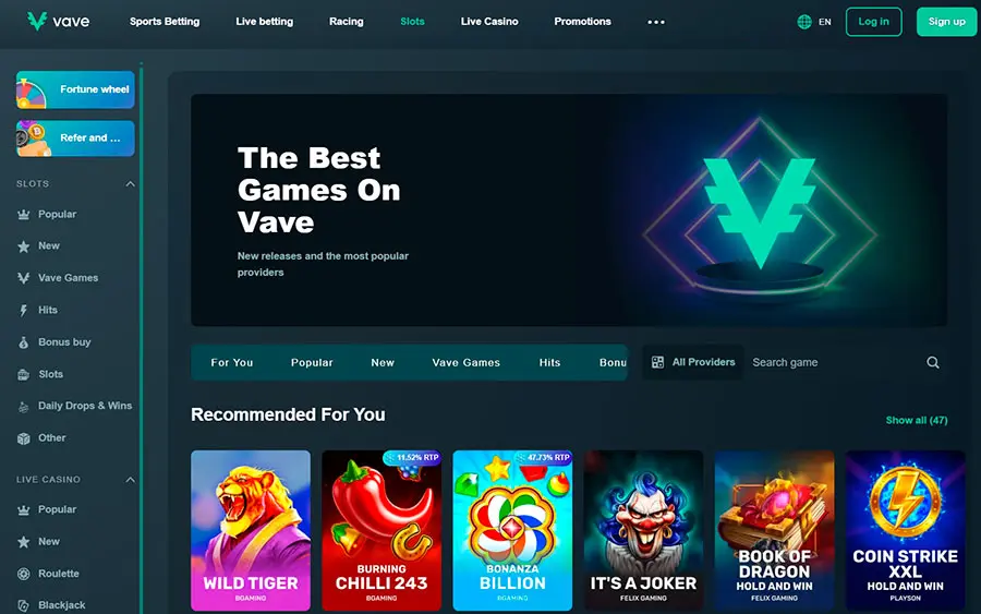 Vave Casino Interface
