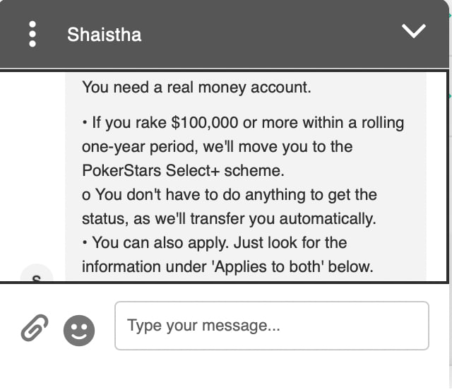 Poker Stars Support Chat Explaining the Automatic Move to Select+