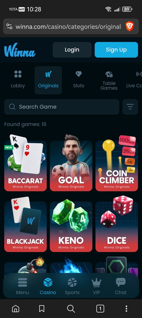 Winna Casino Mobile Browser Interface