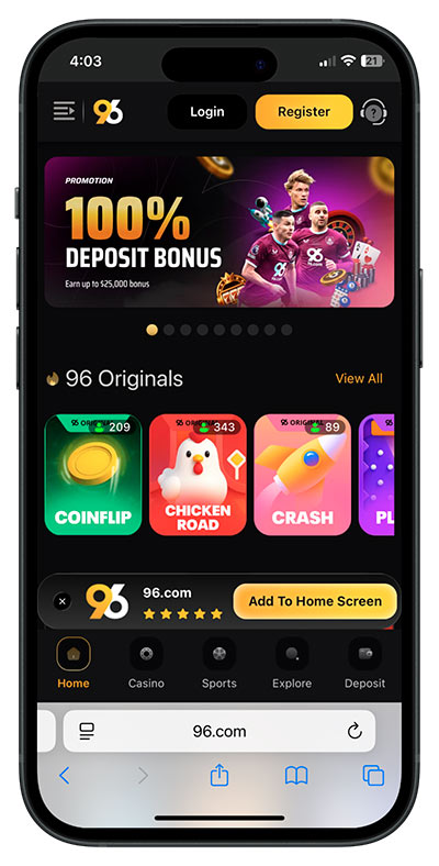 96.com mobile casino home screen with 100% deposit bonus and game icons.