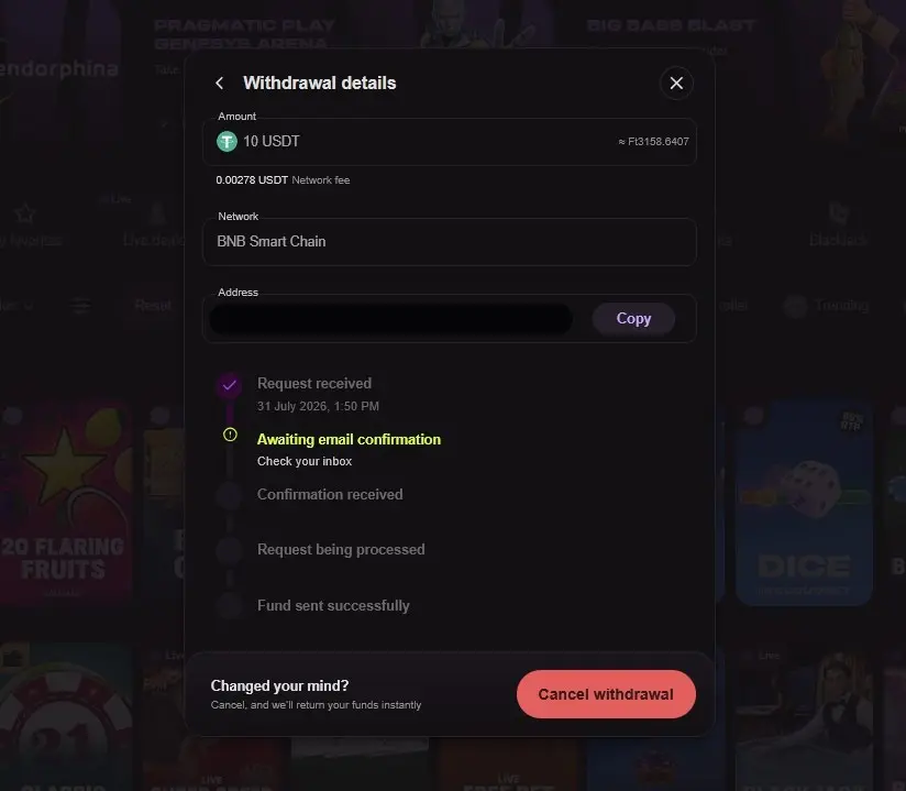 Cloudbet USDT withdrawal awaiting email confirmation