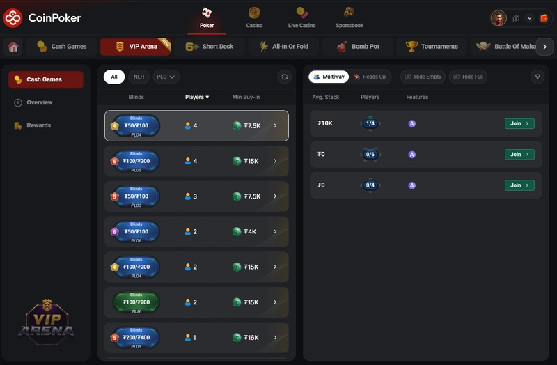 VIP Arena Coinpoker Lobby