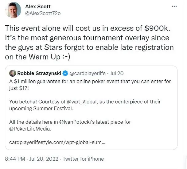 WPT GM Alex Scott is tweeting about the expected overlay.