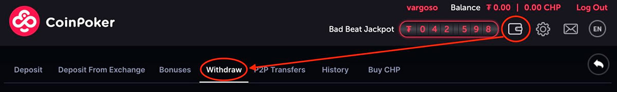 CoinPoker withdraw tab