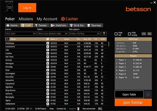 Betsson Poker Cash Lobby Ru