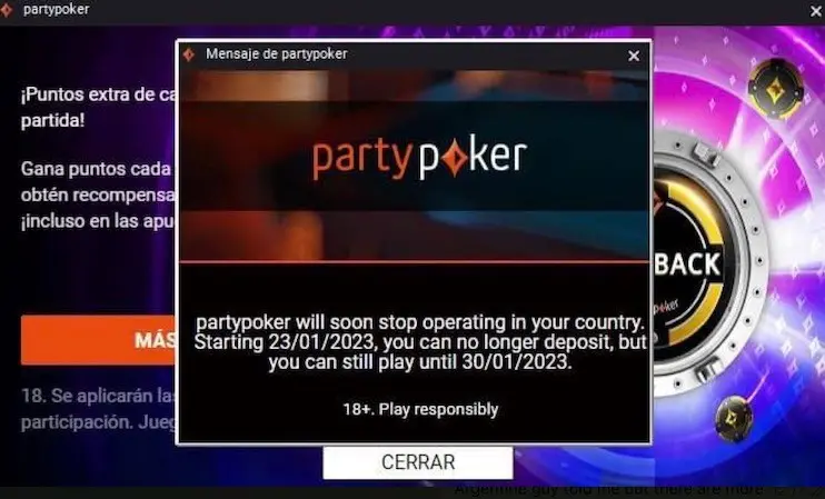 Mensaje confirmando el cierre de partypoker en Argentina